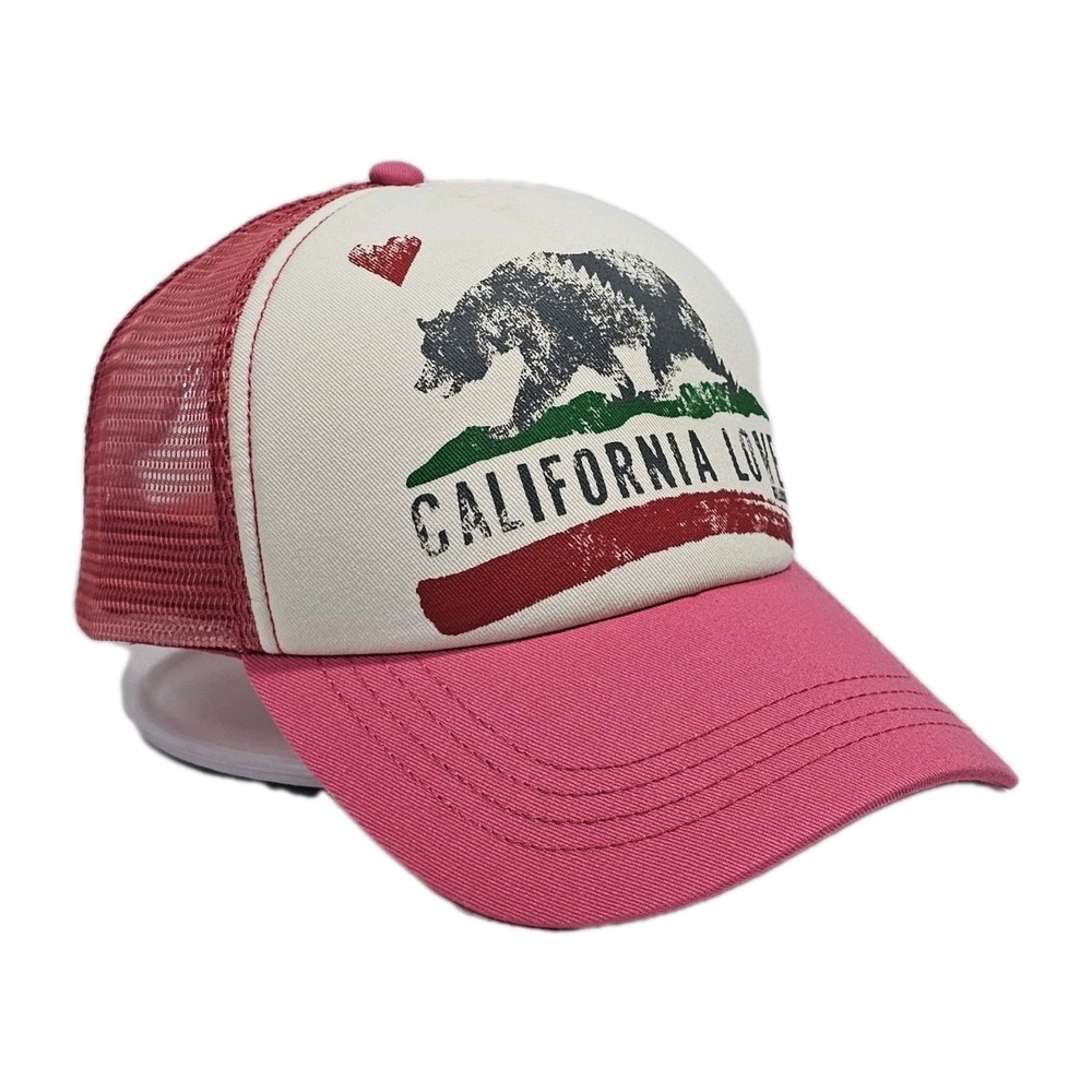 Billabong California Love Bear Trucker Mesh Snapback Hat Cap Pink Red White Grey - Picture 2 of 7